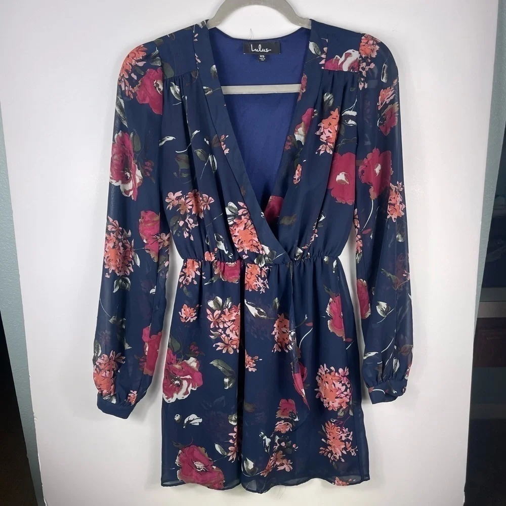 LULUS Pretty Pretender Navy Floral Wrap Dress Long Sleeve Dress WOMENS XS - Picture 3 of 10